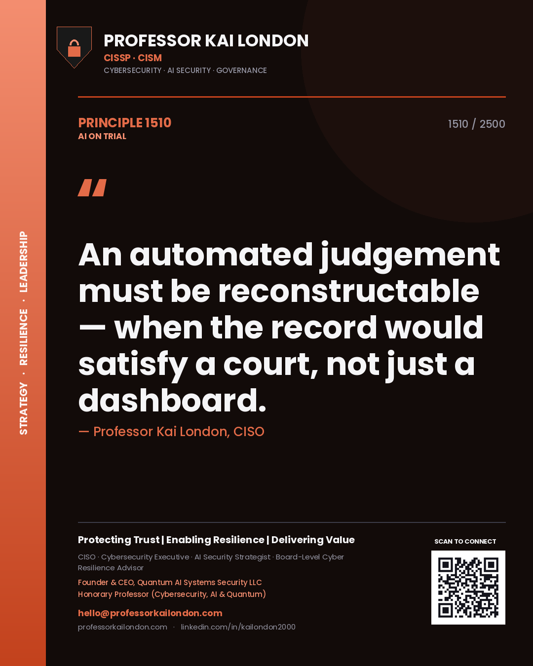 Professor Kai London principle 1510: An automated judgement must be reconstructable — when the record would satisfy a court, not just a dashboard.
