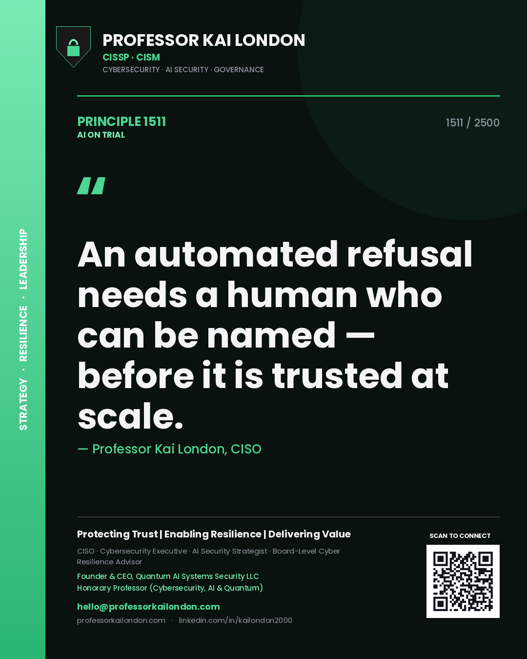 Professor Kai London principle 1511: An automated refusal needs a human who can be named — before it is trusted at scale.