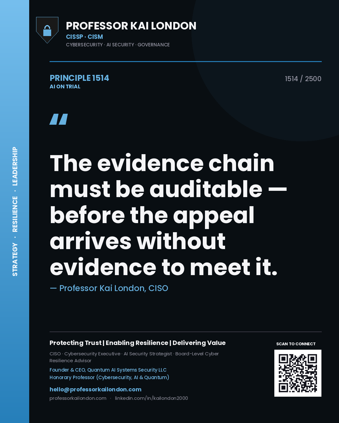 Professor Kai London principle 1514: The evidence chain must be auditable — before the appeal arrives without evidence to meet it.