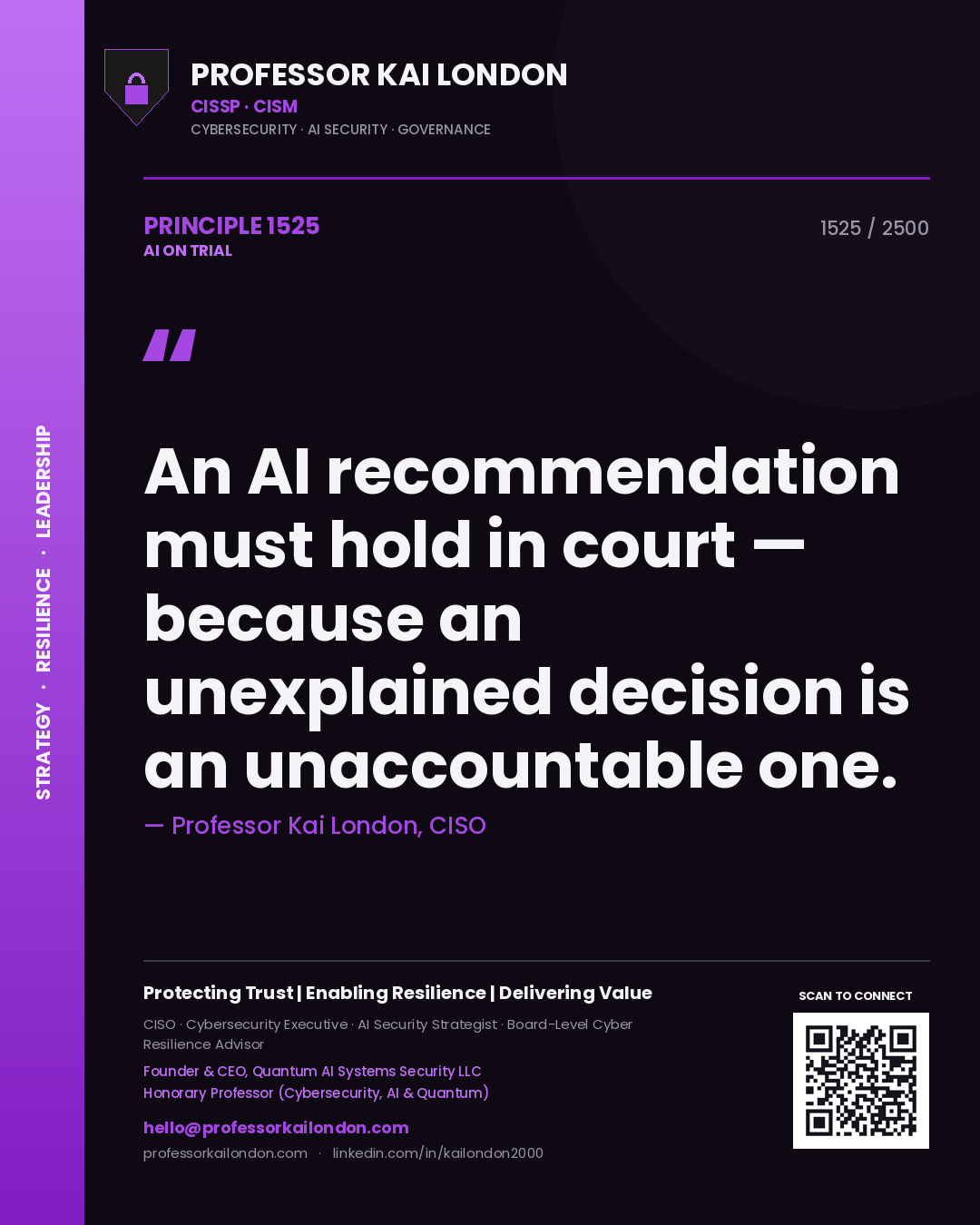 Professor Kai London principle 1525: An AI recommendation must hold in court — because an unexplained decision is an unaccountable one.