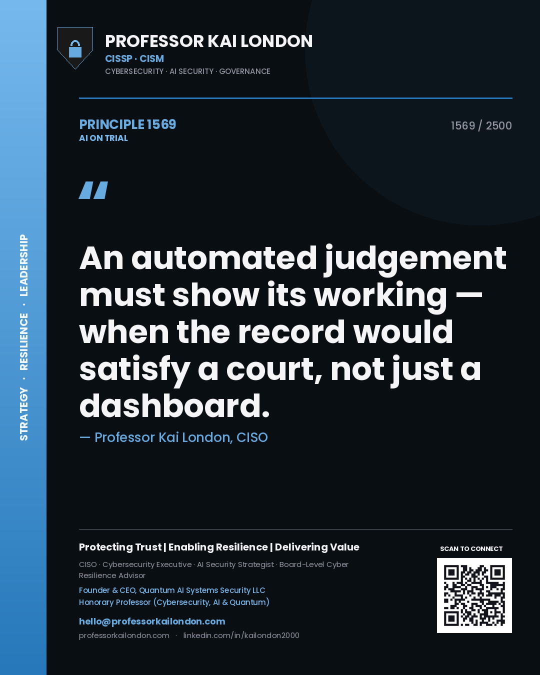 Professor Kai London principle 1569: An automated judgement must show its working — when the record would satisfy a court, not just a dashboard.