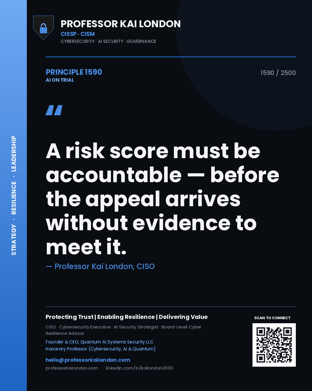 Quote card by Professor Kai London reading 'A risk score must be accountable — before the appeal arrives without evidence to meet it.'. From the book AI on Trial.