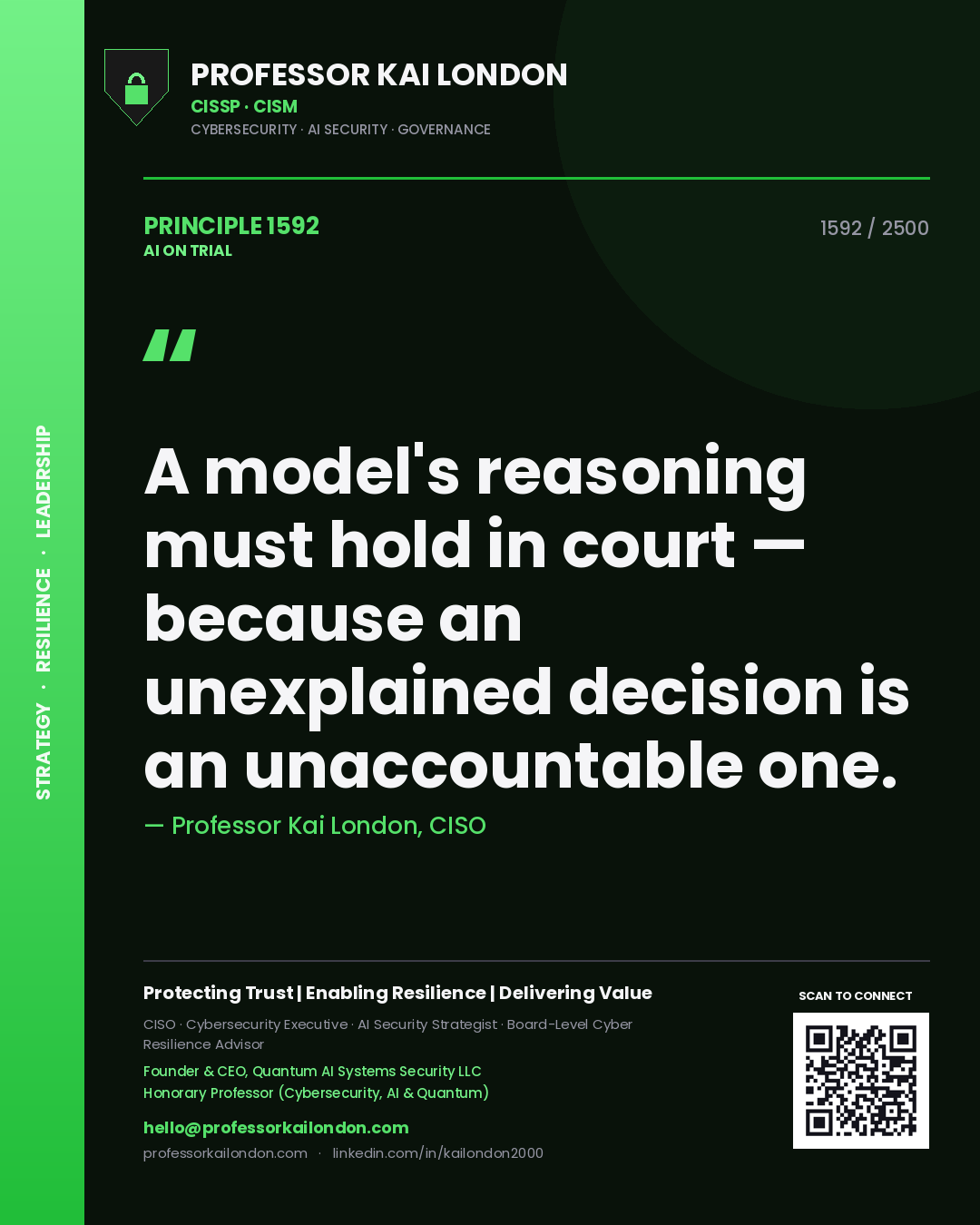 Professor Kai London principle 1592: A model's reasoning must hold in court — because an unexplained decision is an unaccountable one.