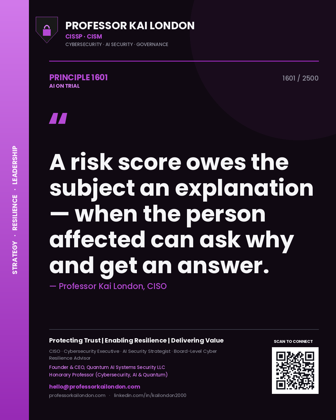 Professor Kai London principle 1601: A risk score owes the subject an explanation — when the person affected can ask why and get an answer.