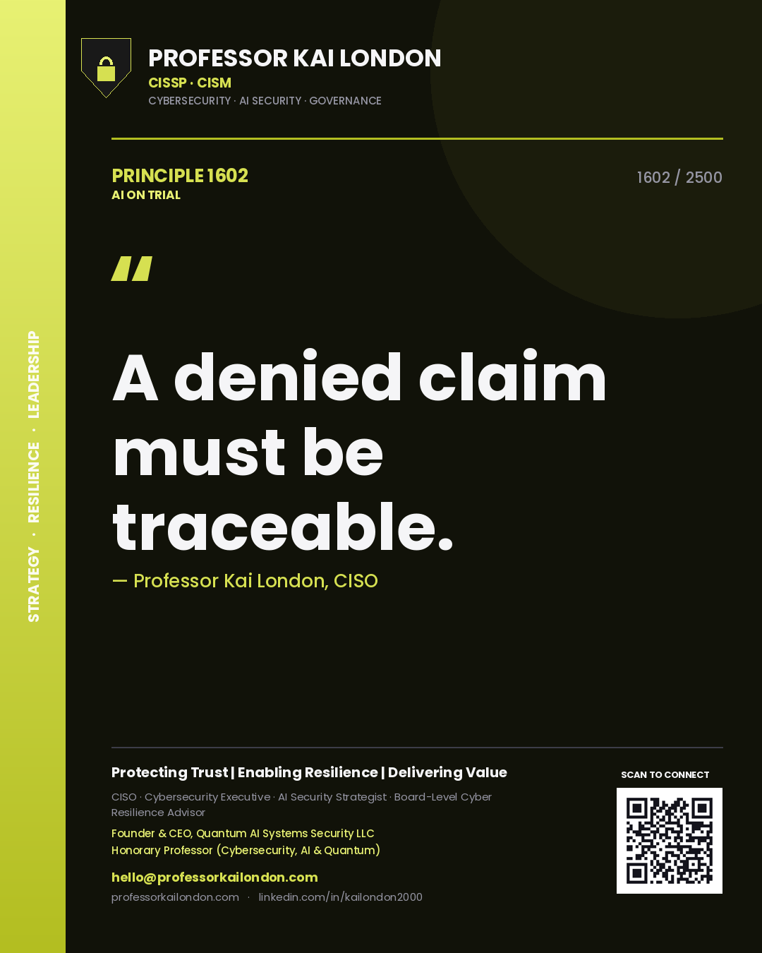 Quote card by Professor Kai London reading 'A denied claim must be traceable.'. From the book AI on Trial.
