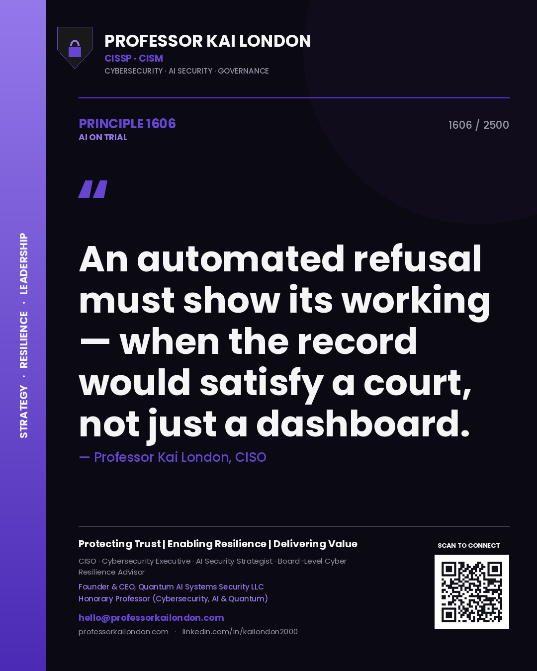 Professor Kai London principle 1606: An automated refusal must show its working — when the record would satisfy a court, not just a dashboard.