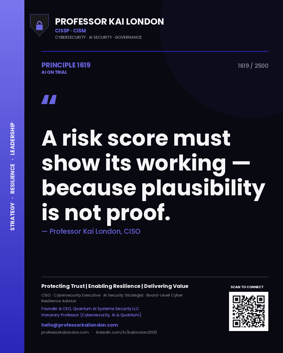 Professor Kai London principle 1619: A risk score must show its working — because plausibility is not proof.