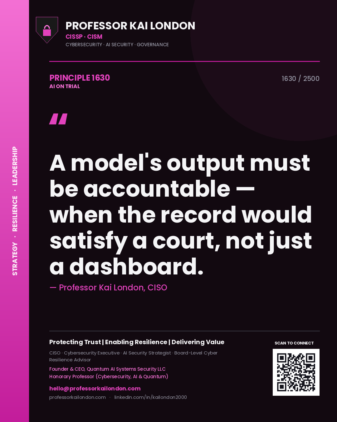 Professor Kai London principle 1630: A model's output must be accountable — when the record would satisfy a court, not just a dashboard.
