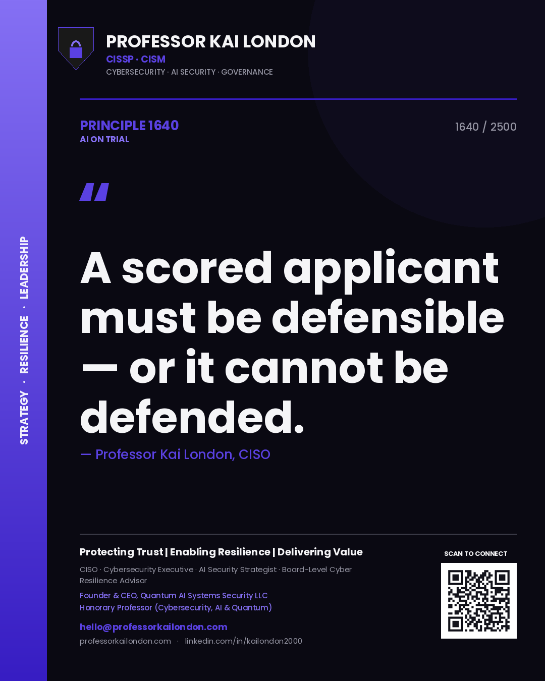 Professor Kai London principle 1640: A scored applicant must be defensible — or it cannot be defended.