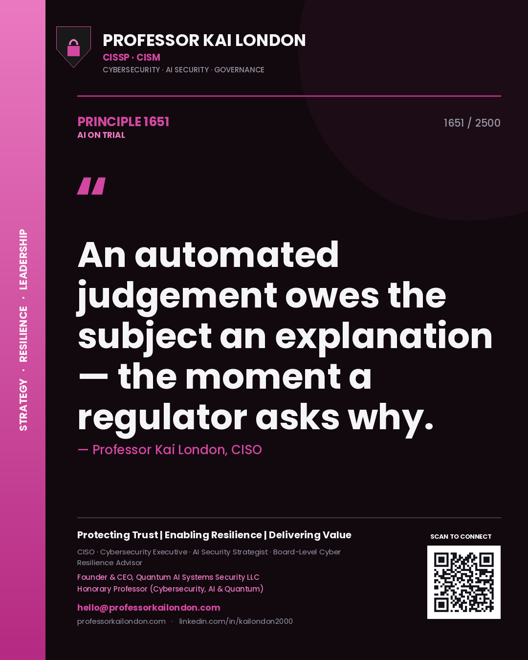 Professor Kai London principle 1651: An automated judgement owes the subject an explanation — the moment a regulator asks why.
