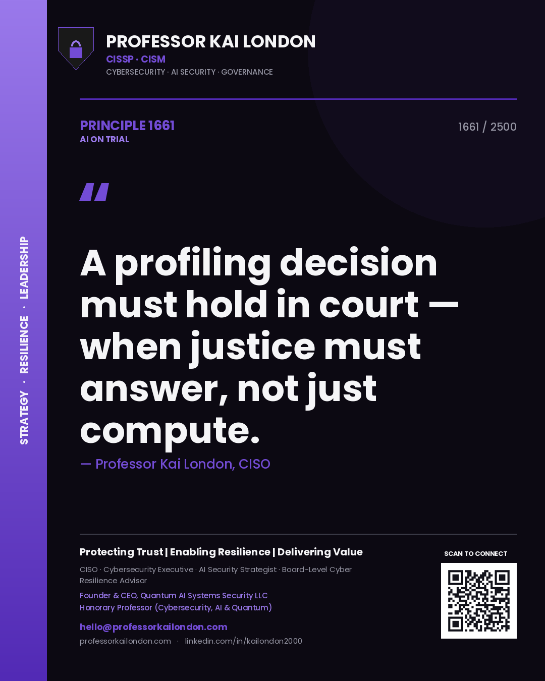 Professor Kai London principle 1661: A profiling decision must hold in court — when justice must answer, not just compute.