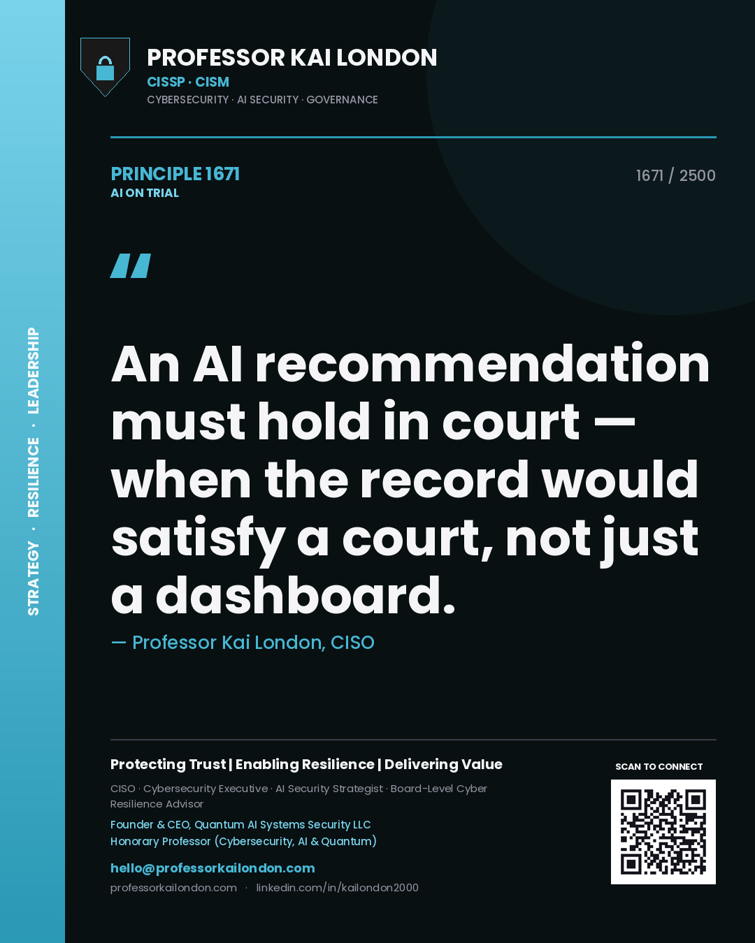 Professor Kai London principle 1671: An AI recommendation must hold in court — when the record would satisfy a court, not just a dashboard.