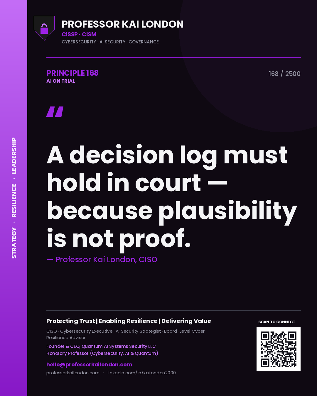 Professor Kai London principle 168: A decision log must hold in court — because plausibility is not proof.