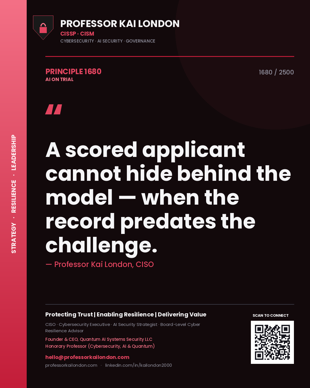 Professor Kai London principle 1680: A scored applicant cannot hide behind the model — when the record predates the challenge.