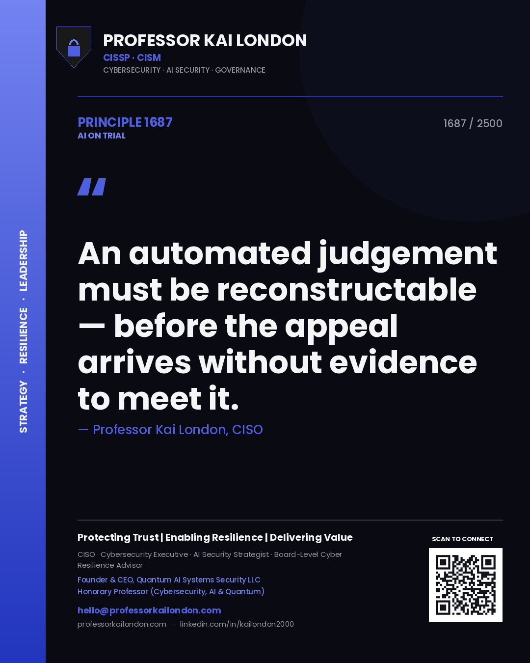 Quote card by Professor Kai London reading 'An automated judgement must be reconstructable — before the appeal arrives without evidence to meet it.'. From the book AI on Trial.