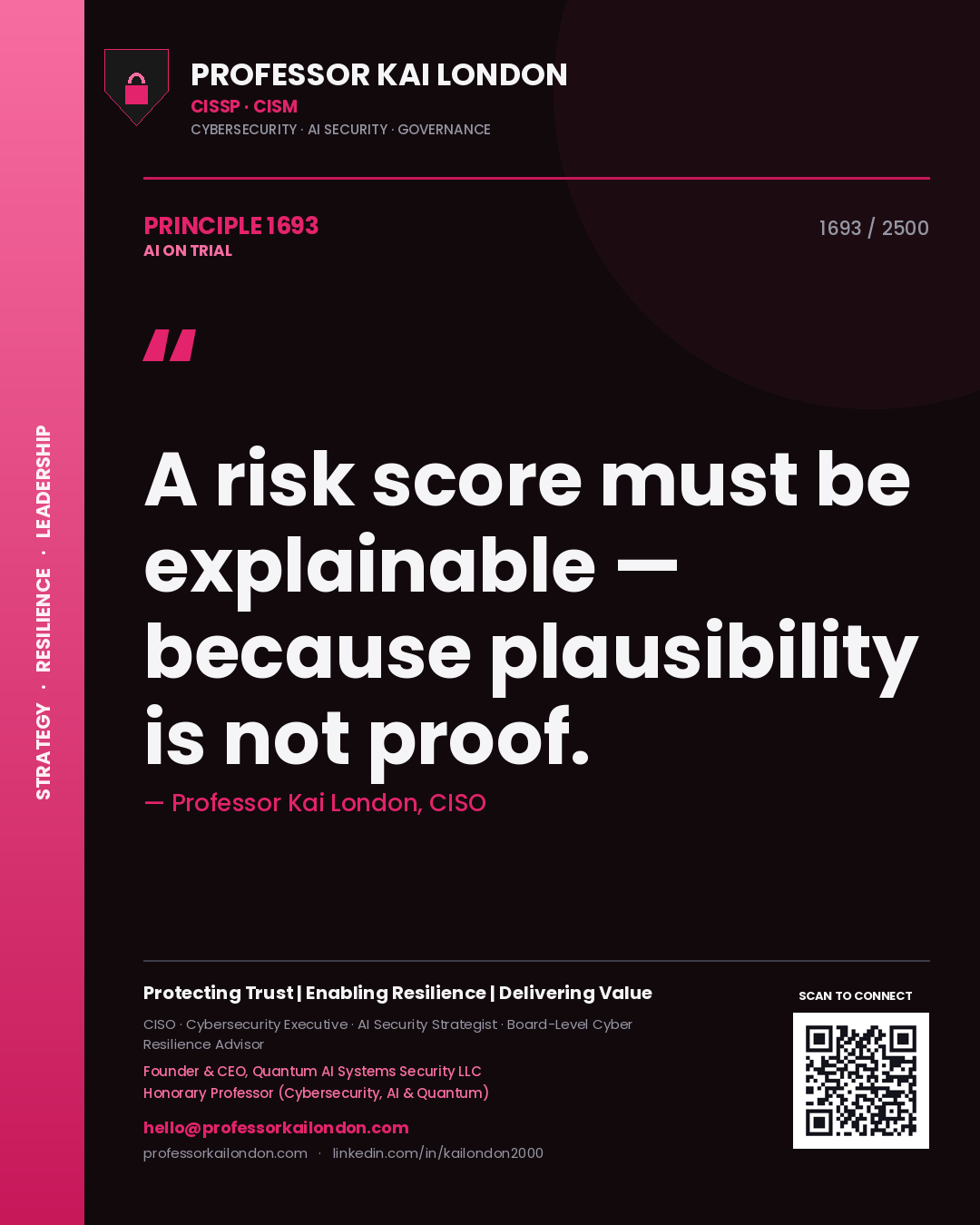 Professor Kai London principle 1693: A risk score must be explainable — because plausibility is not proof.