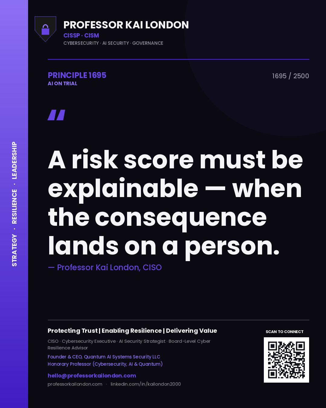 Professor Kai London principle 1695: A risk score must be explainable — when the consequence lands on a person.