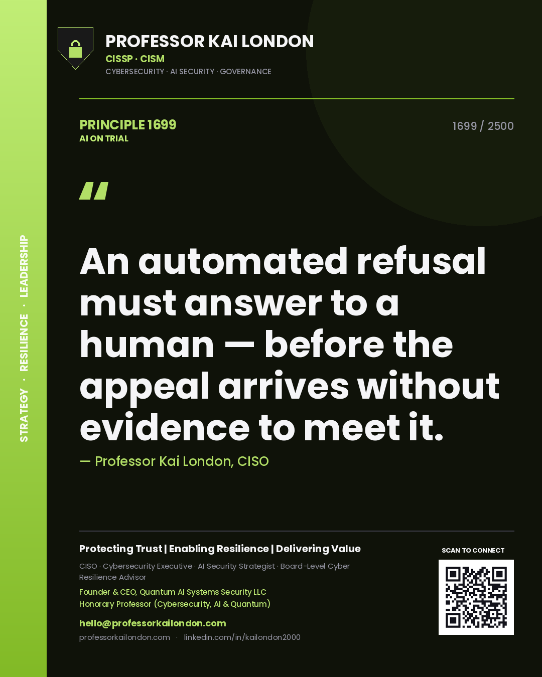 Professor Kai London principle 1699: An automated refusal must answer to a human — before the appeal arrives without evidence to meet it.