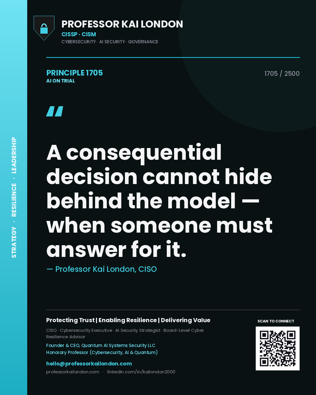 Professor Kai London principle 1705: A consequential decision cannot hide behind the model — when someone must answer for it.
