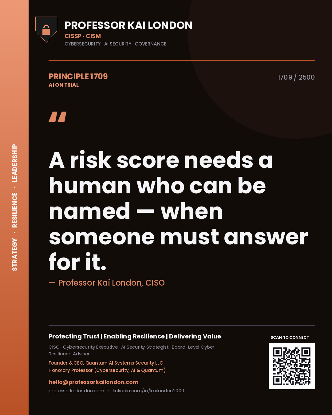Quote card by Professor Kai London reading 'A risk score needs a human who can be named — when someone must answer for it.'. From the book AI on Trial.