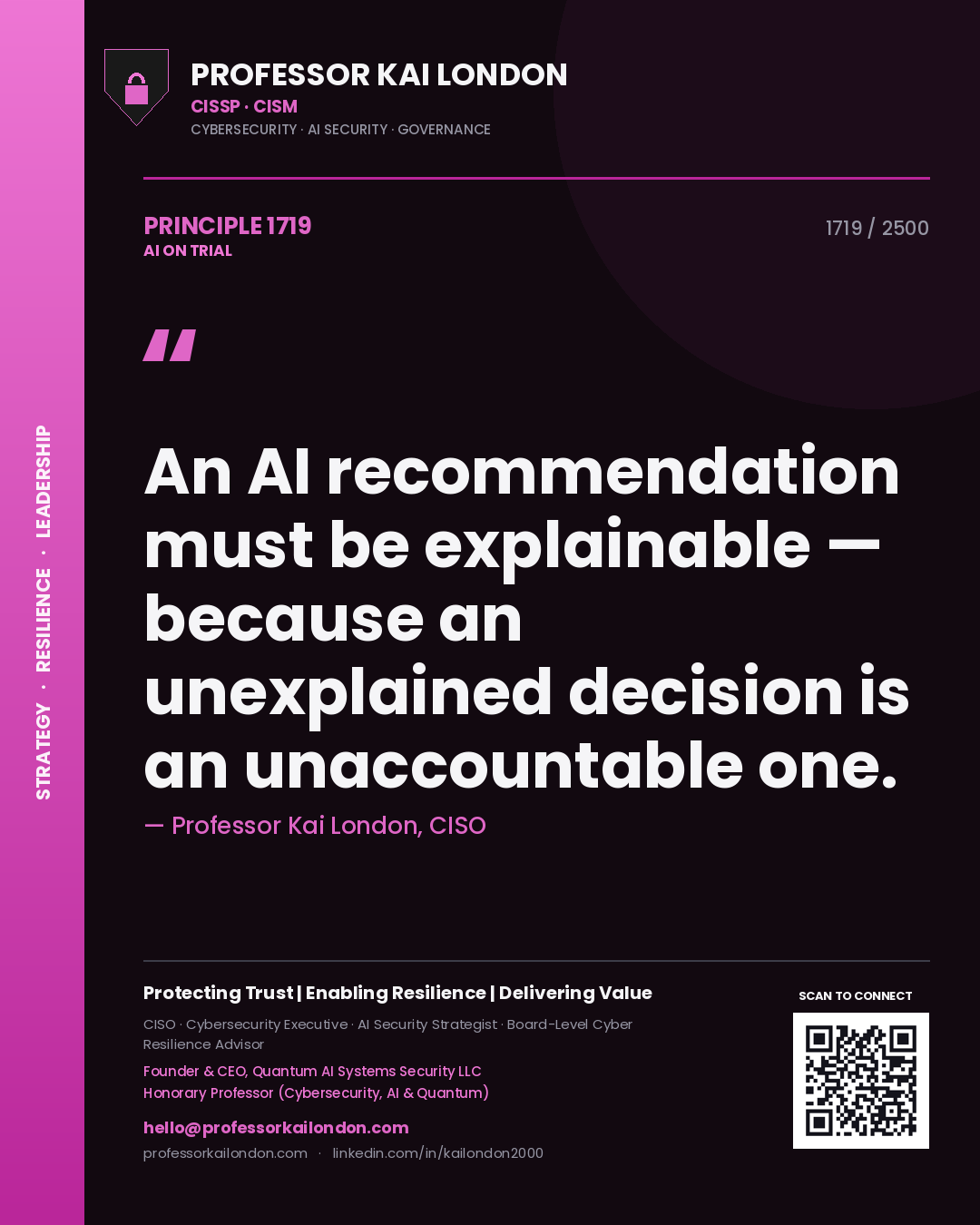 Professor Kai London principle 1719: An AI recommendation must be explainable — because an unexplained decision is an unaccountable one.