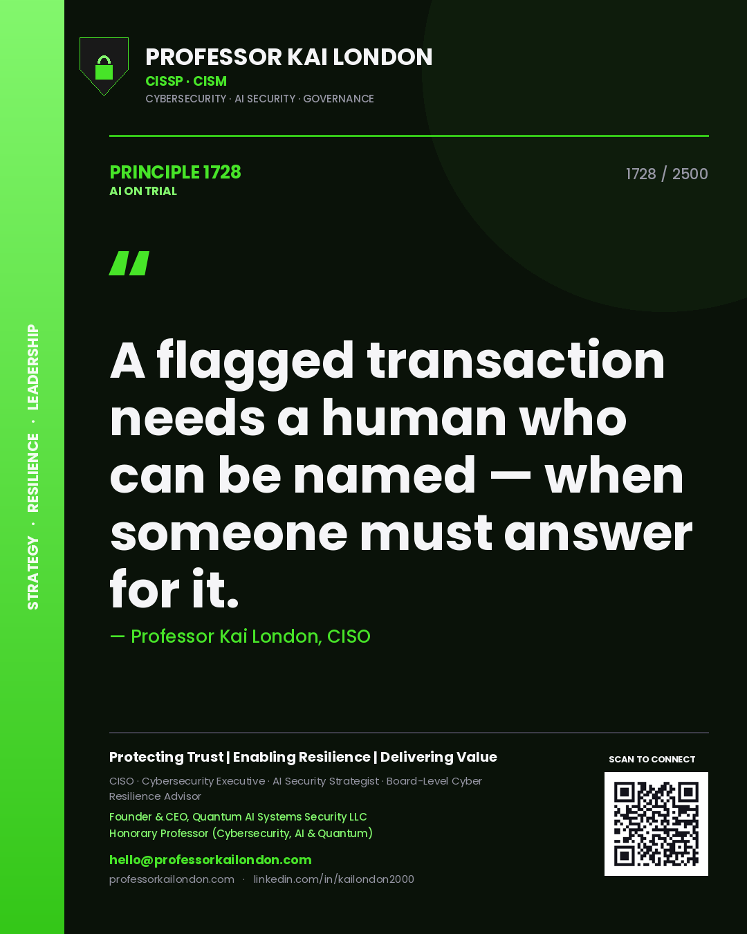 Quote card by Professor Kai London reading 'A flagged transaction needs a human who can be named — when someone must answer for it.'. From the book AI on Trial.