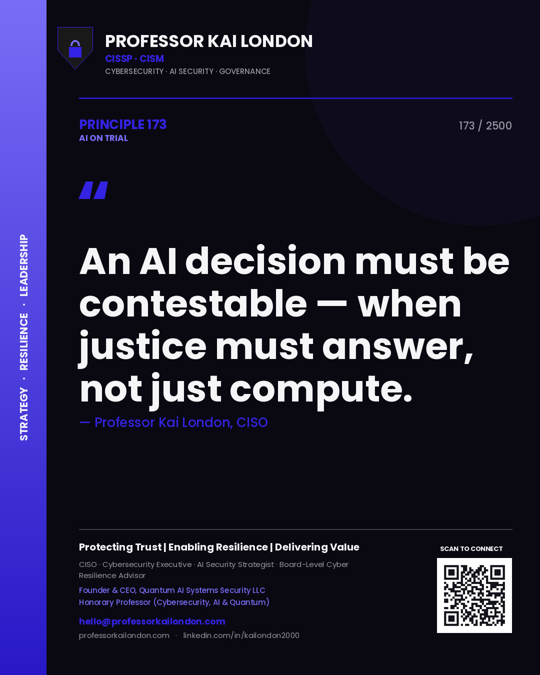 Professor Kai London principle 173: An AI decision must be contestable — when justice must answer, not just compute.