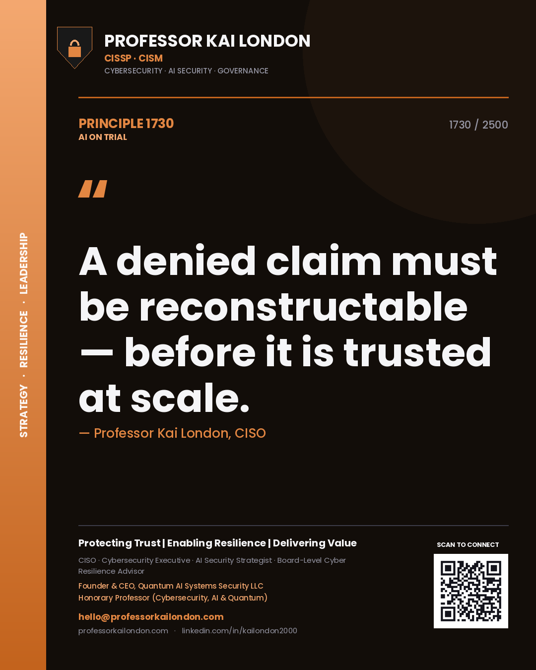 Quote card by Professor Kai London reading 'A denied claim must be reconstructable — before it is trusted at scale.'. From the book AI on Trial.