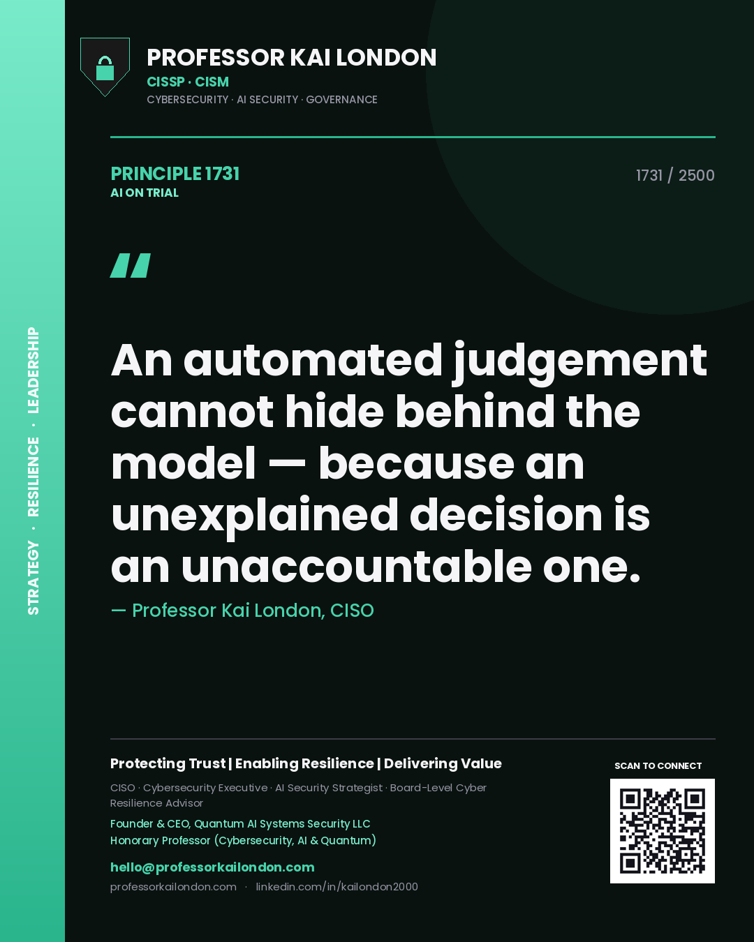 Professor Kai London principle 1731: An automated judgement cannot hide behind the model — because an unexplained decision is an unaccountable one.