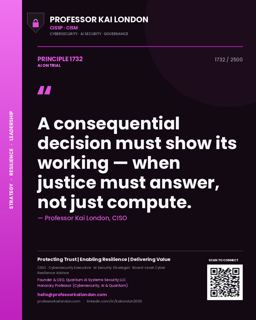 Quote card by Professor Kai London reading 'A consequential decision must show its working — when justice must answer, not just compute.'. From the book AI on Trial.