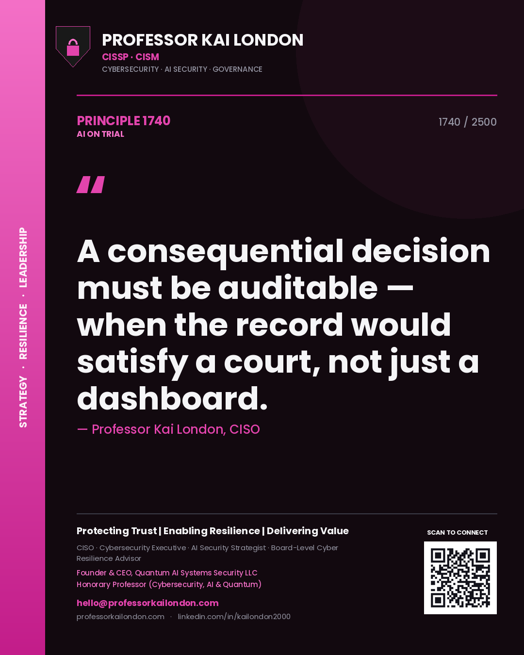 Professor Kai London principle 1740: A consequential decision must be auditable — when the record would satisfy a court, not just a dashboard.