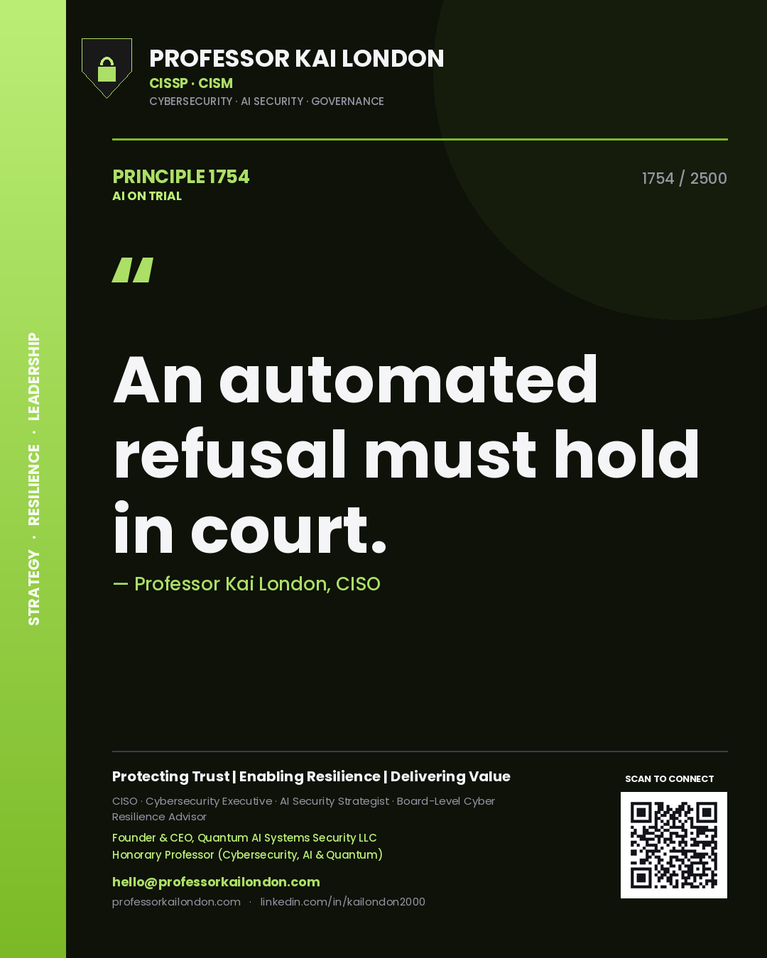 Quote card by Professor Kai London reading 'An automated refusal must hold in court.'. From the book AI on Trial.