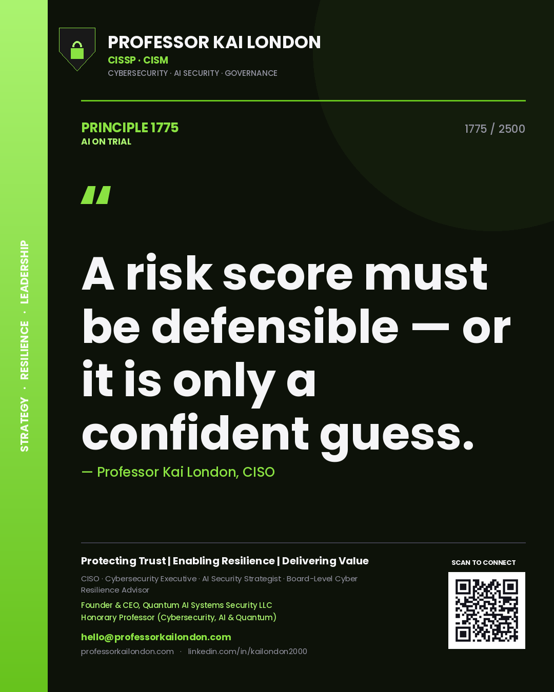 Professor Kai London principle 1775: A risk score must be defensible — or it is only a confident guess.