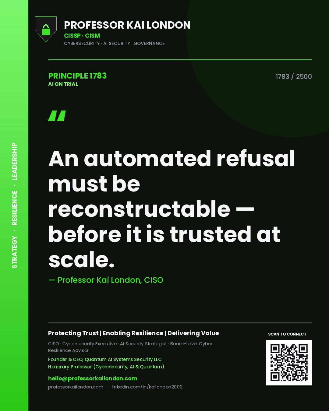 Professor Kai London principle 1783: An automated refusal must be reconstructable — before it is trusted at scale.