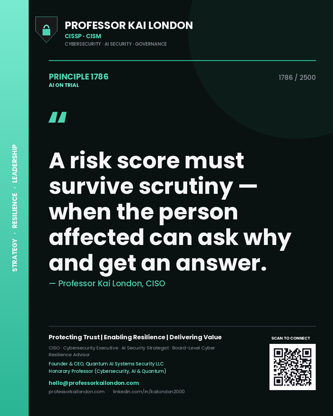 Professor Kai London principle 1786: A risk score must survive scrutiny — when the person affected can ask why and get an answer.