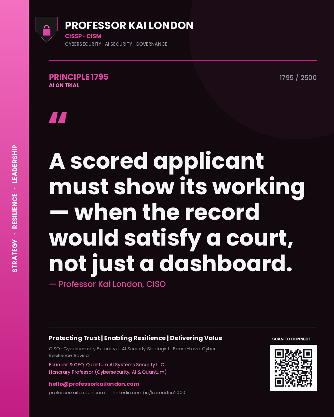 Professor Kai London principle 1795: A scored applicant must show its working — when the record would satisfy a court, not just a dashboard.