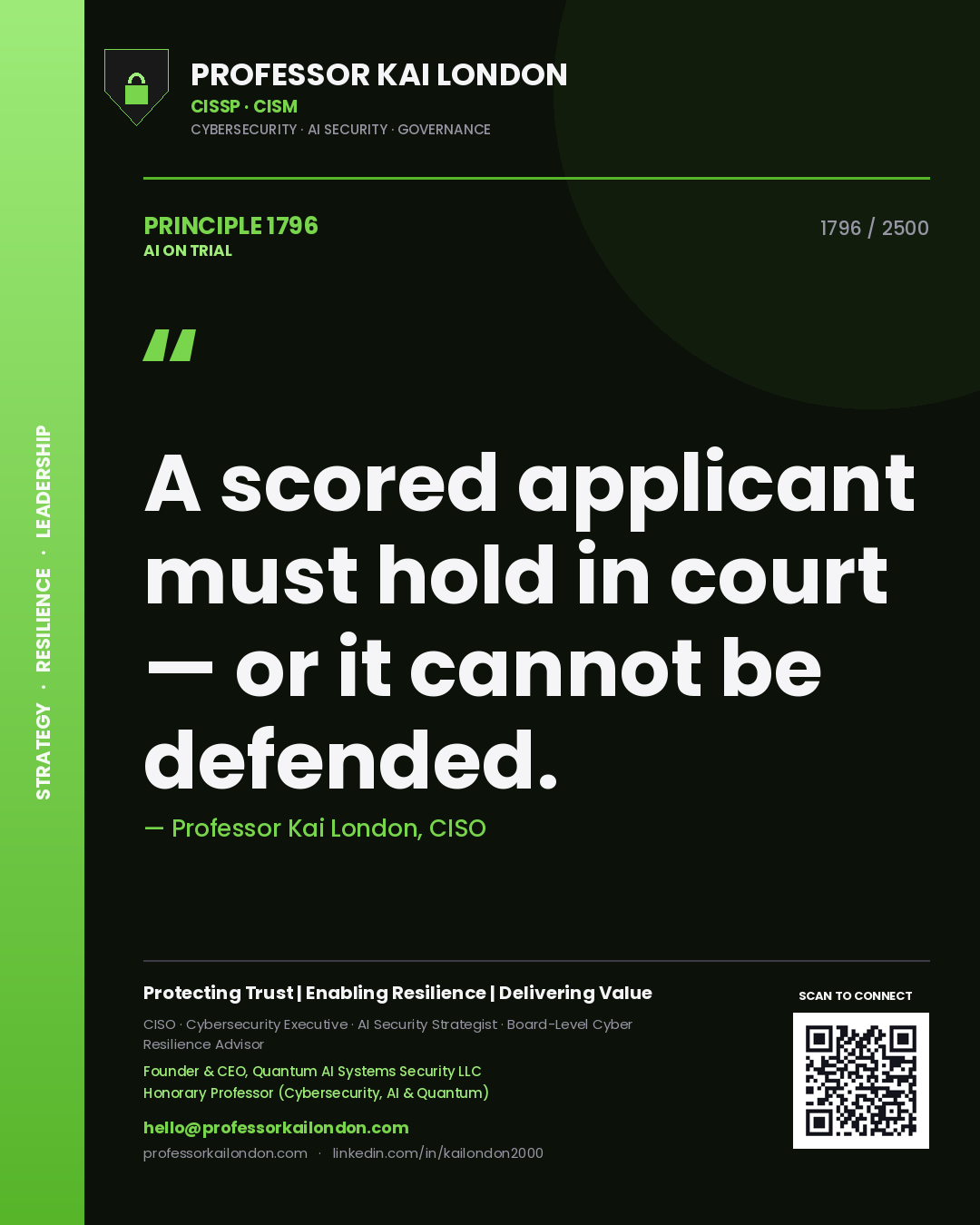 Quote card by Professor Kai London reading 'A scored applicant must hold in court — or it cannot be defended.'. From the book AI on Trial.