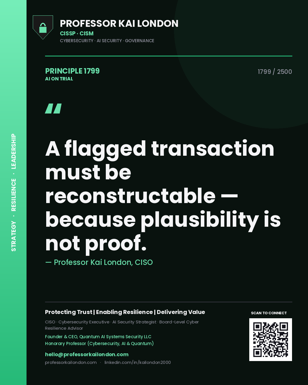 Professor Kai London principle 1799: A flagged transaction must be reconstructable — because plausibility is not proof.