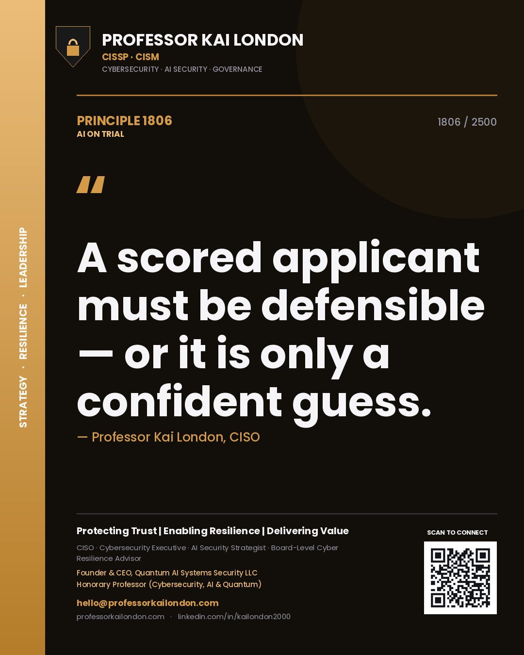 Professor Kai London principle 1806: A scored applicant must be defensible — or it is only a confident guess.