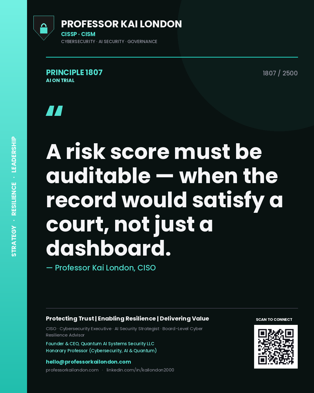 Professor Kai London principle 1807: A risk score must be auditable — when the record would satisfy a court, not just a dashboard.