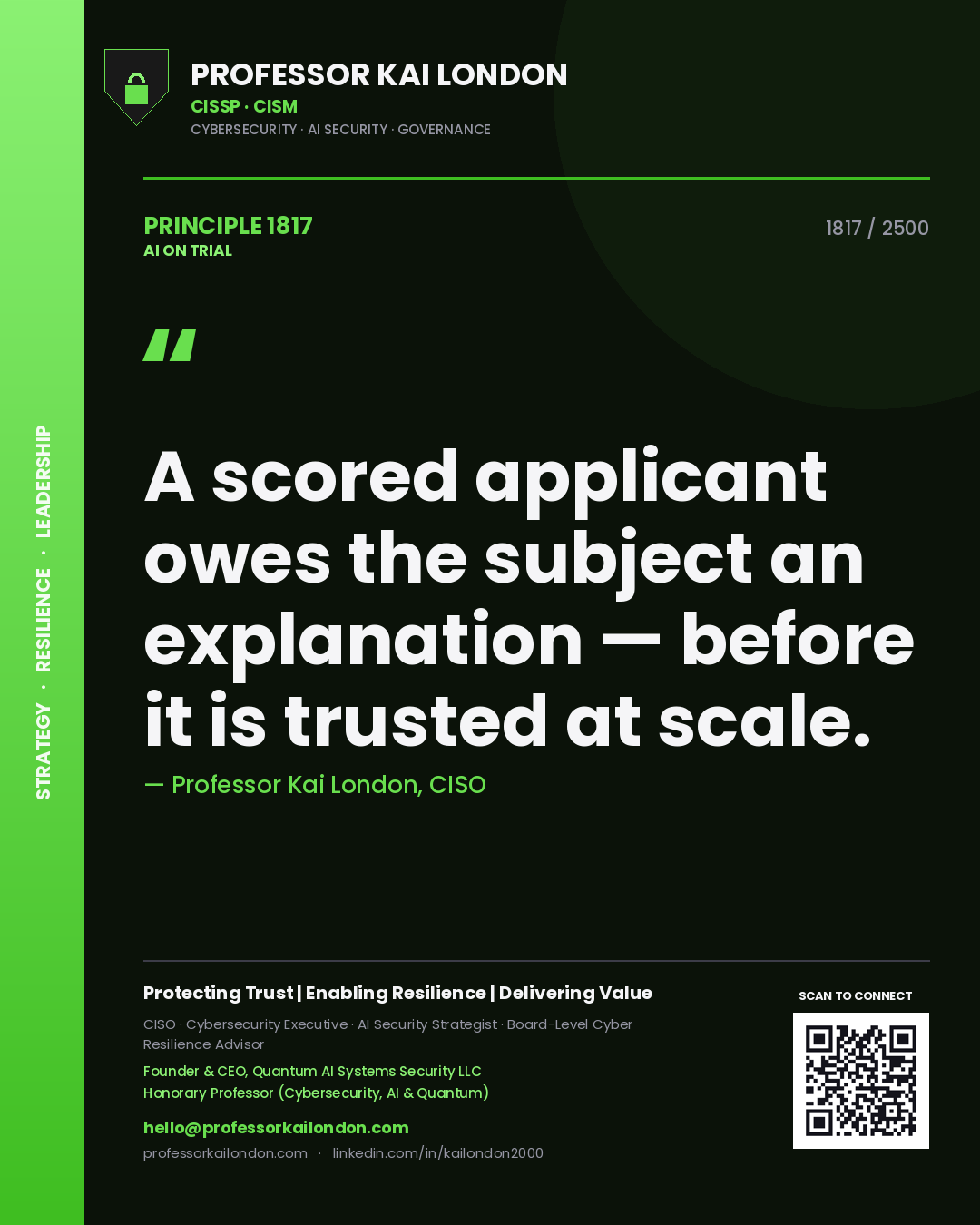 Professor Kai London principle 1817: A scored applicant owes the subject an explanation — before it is trusted at scale.