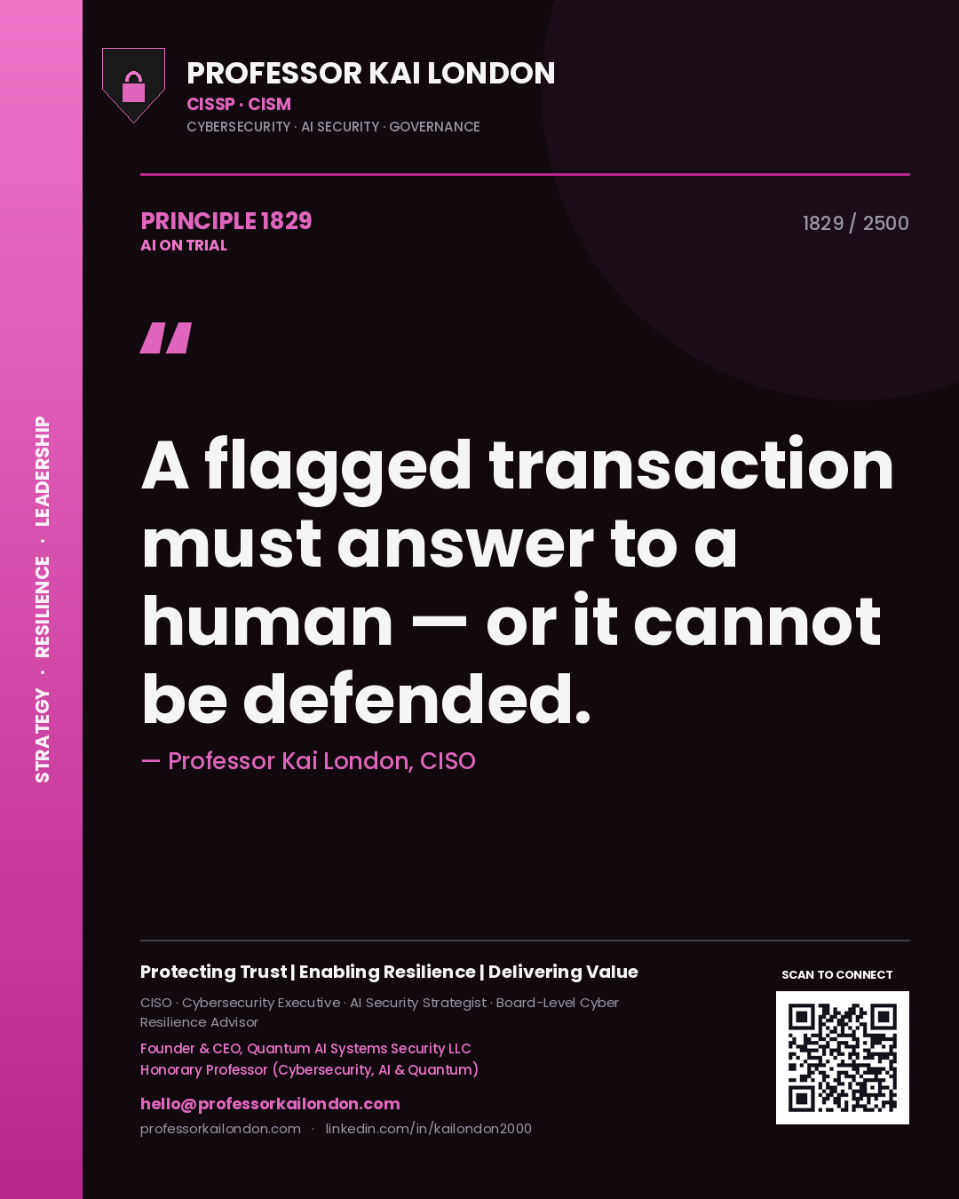 Professor Kai London principle 1829: A flagged transaction must answer to a human — or it cannot be defended.