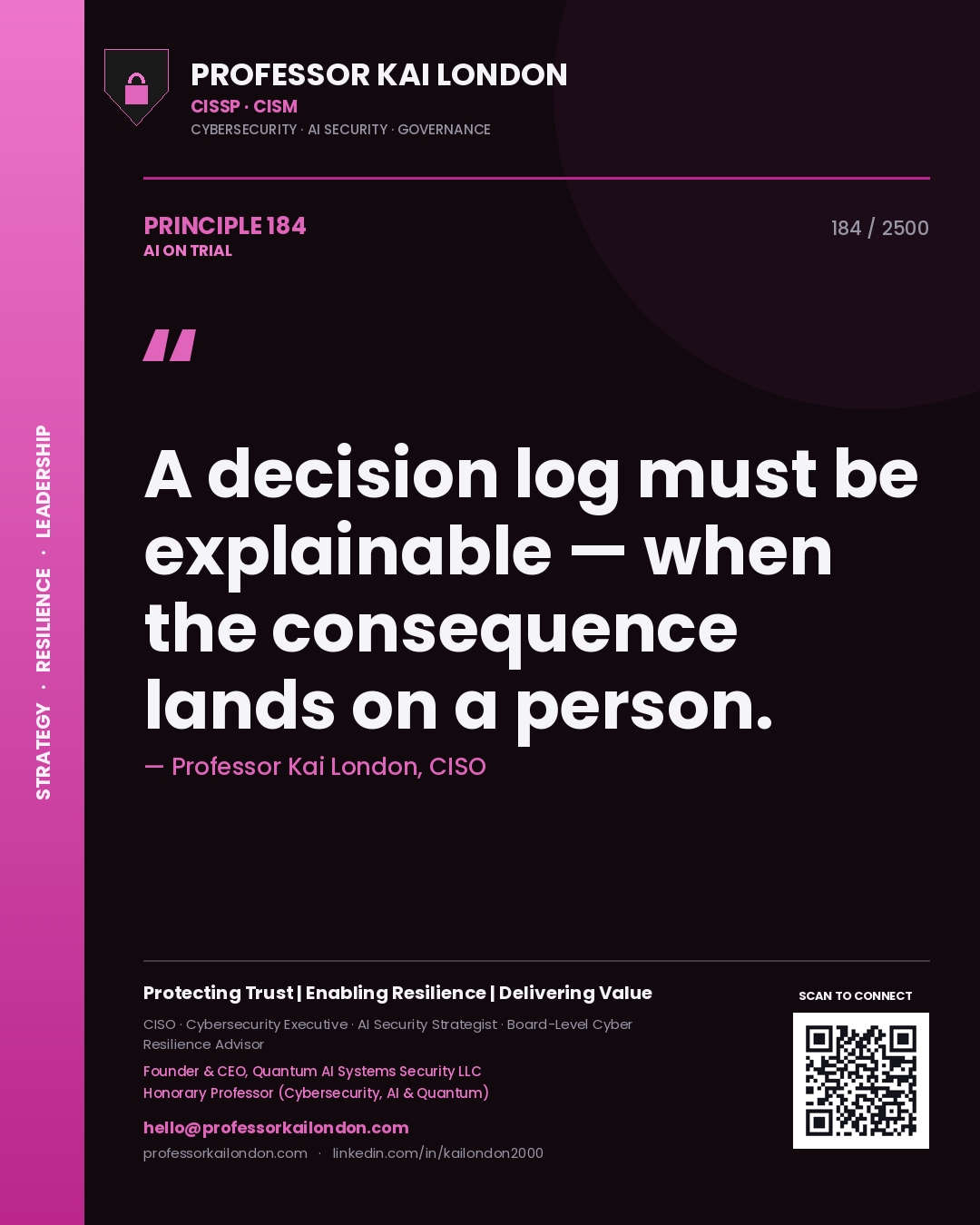 Professor Kai London principle 184: A decision log must be explainable — when the consequence lands on a person.