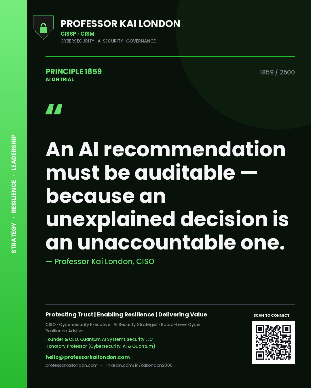 Professor Kai London principle 1859: An AI recommendation must be auditable — because an unexplained decision is an unaccountable one.