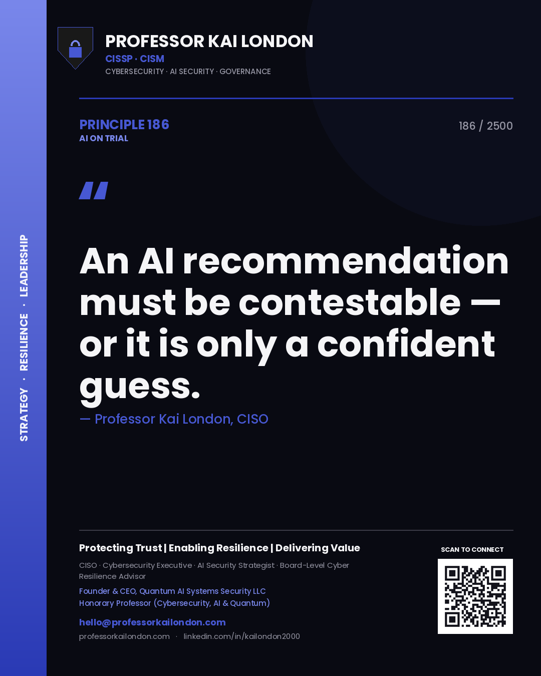 Professor Kai London principle 186: An AI recommendation must be contestable — or it is only a confident guess.