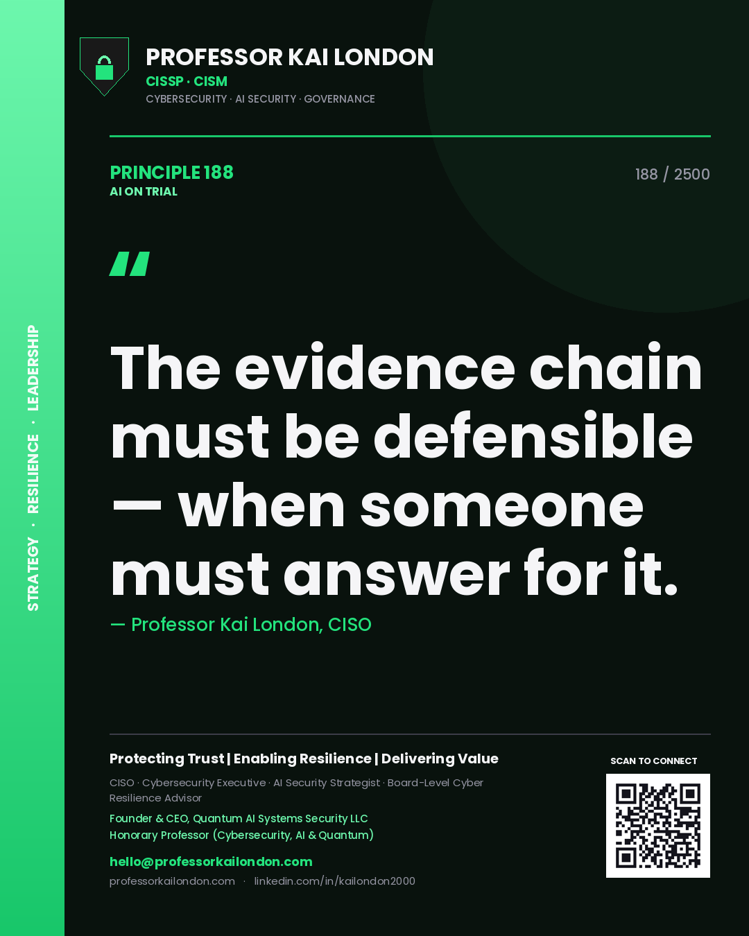 Professor Kai London principle 188: The evidence chain must be defensible — when someone must answer for it.