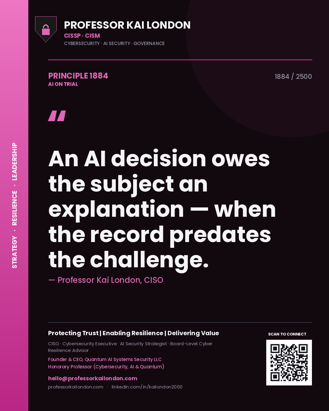 Professor Kai London principle 1884: An AI decision owes the subject an explanation — when the record predates the challenge.
