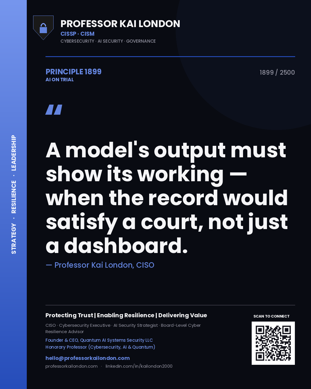 Professor Kai London principle 1899: A model's output must show its working — when the record would satisfy a court, not just a dashboard.