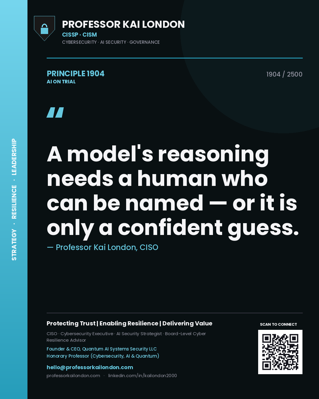 Professor Kai London principle 1904: A model's reasoning needs a human who can be named — or it is only a confident guess.