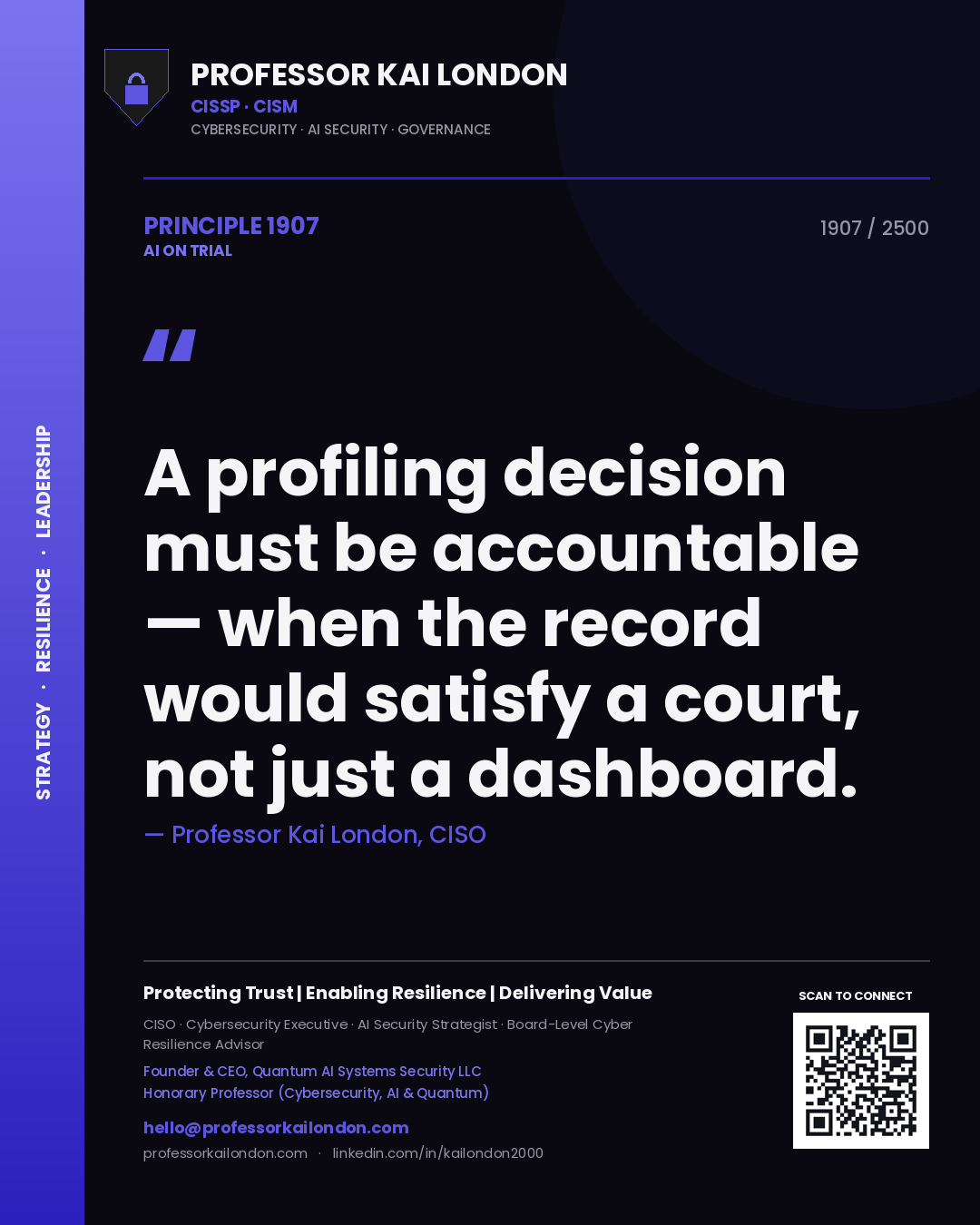 Professor Kai London principle 1907: A profiling decision must be accountable — when the record would satisfy a court, not just a dashboard.